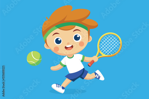 Young child playing tennis energetically with a ball and racket on a blue background