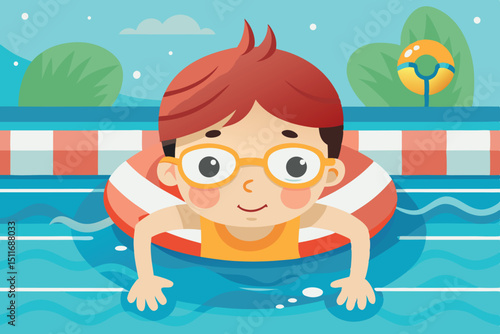 Child enjoys summer fun while swimming in a pool with a colorful float, wearing goggles and a cheerful expression at midday