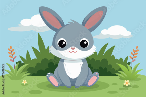 Cute gray rabbit sitting on green grass with colorful flowers under a blue sky
