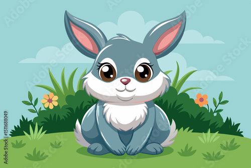 Cute cartoon bunny sitting in a vibrant meadow surrounded by flowers and greenery