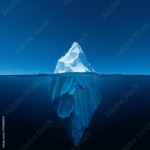 Big Iceberg significant part submerged underwater as unseen efforts for success. Hidden struggles hard work contribute to visible achievements, depth of dedication perseverance behind surface concept.