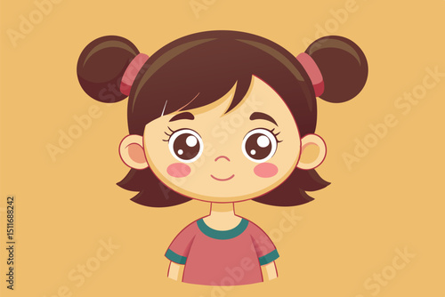 Cute cartoon girl with pigtails smiling against a yellow background in a playful setting