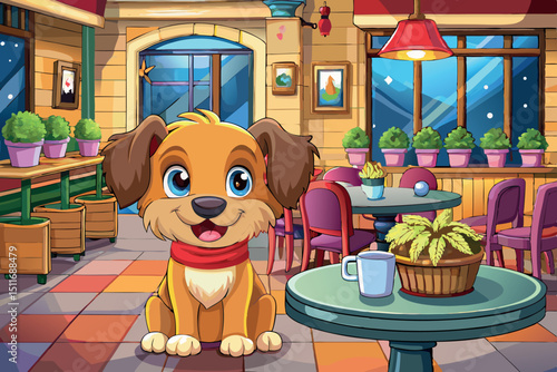 Cute cartoon dog sitting in a cozy cafe decorated with plants and colorful furniture during the evening