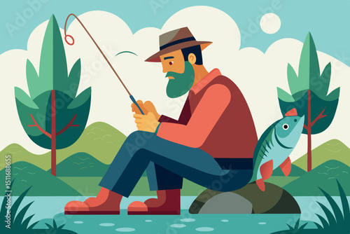 Fisherman sitting quietly by a pond catching fish in a serene landscape during a sunny afternoon