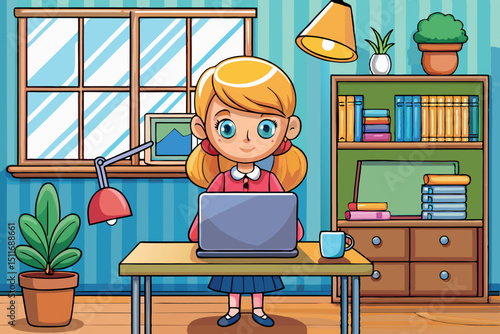 Young girl studying at a desk with a laptop in a colorful room filled with books and plants