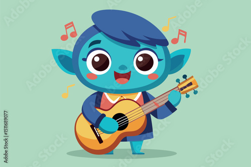Character sings happily while playing guitar in a vibrant, cartoonish style against a pastel background