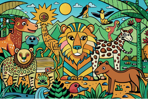 Colorful jungle scene featuring various animals and vibrant flora in an artistic style