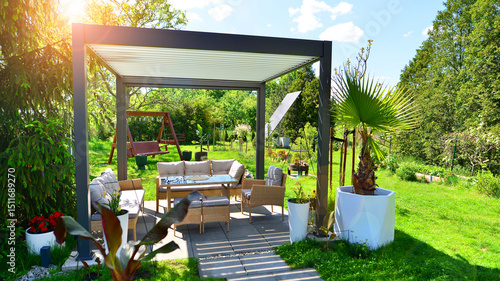 Tableau sur toile Modern aluminum pergola with stylish garden furniture in a beautiful garden