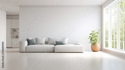 Bright minimalist living room with clean modern furniture and soft natural light, embodying serene Scandinavian simplicity.