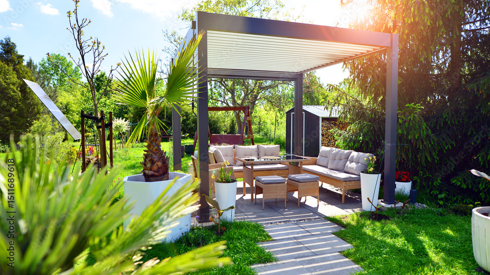 Fototapeta premium Modern aluminum pergola with stylish garden furniture in a beautiful garden.