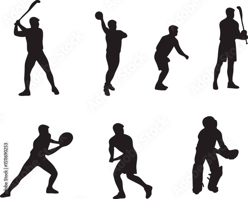 Scalable silhouettes of athletes playing various sports like baseball, basketball, and hockey perfect for logo design