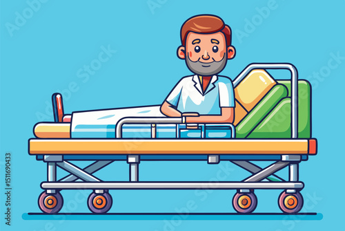 Healthcare professional relaxing on a hospital gurney with a cheerful expression in a light blue environment