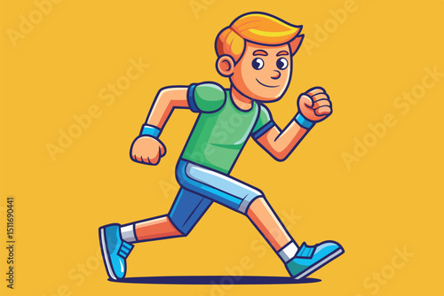Energetic boy jogging against a bright yellow background, showcasing a dynamic and cheerful movement in casual athletic attire