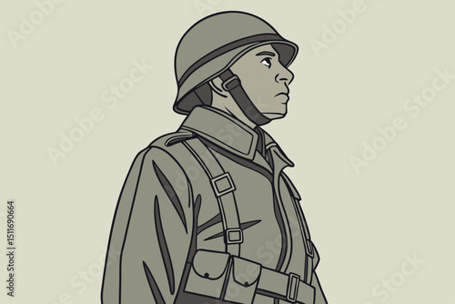 Soldier in uniform gazes into the distance during a historical reenactment event at a local park
