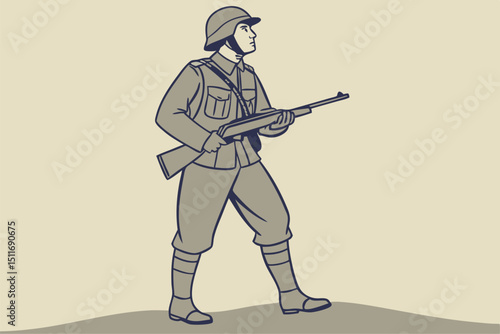Soldier standing alert while holding rifle, showcasing military readiness during wartime