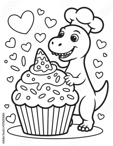 Chef Dinosaur Holding a Giant Cupcake - Coloring page