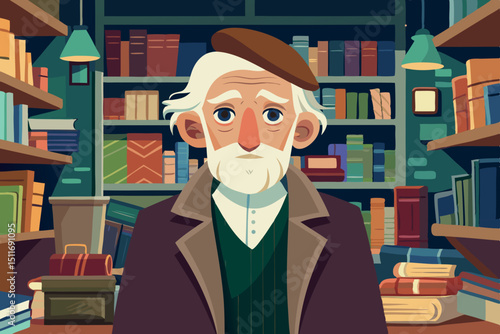 Elderly man with white beard and beret in cozy library surrounded by colorful bookshelves