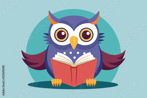 Cartoon owl reading a book with vibrant colors and a cheerful expression in a playful illustration