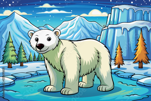 Polar bear standing on ice in a snowy landscape surrounded by mountains and evergreen trees during a clear day