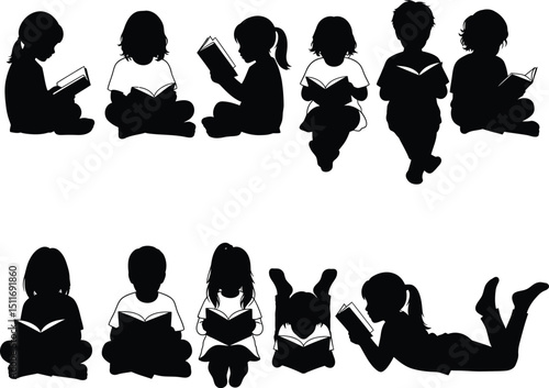 Silhouette collection of children reading books enjoying the magic of stories and knowledge