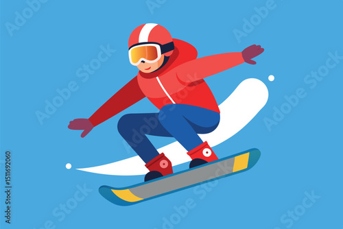 Snowboarder performs a trick in a vibrant blue sky during a sunny winter day at a snowy mountain resort