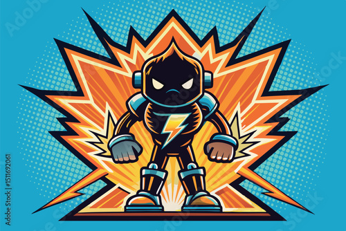 Bold superhero character with striking lightning design and vibrant explosion background in a playful artistic style