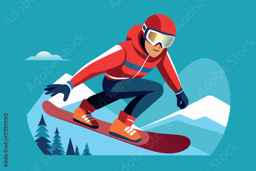 Snowboarder performing tricks on a snowy mountain during a bright winter day in a vibrant, stylized illustration