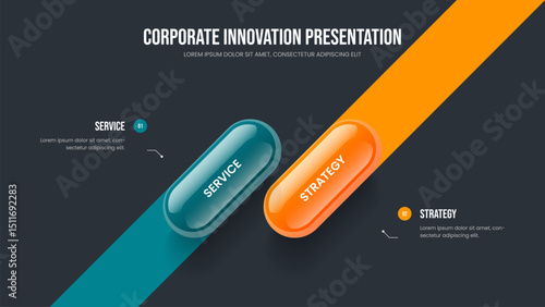 Product Plan 2 Element Infographic Slide Layout. Creative Briefing Two Step Diagram Frame Design. Financial Strategy Presentation Template Vector Illustration.