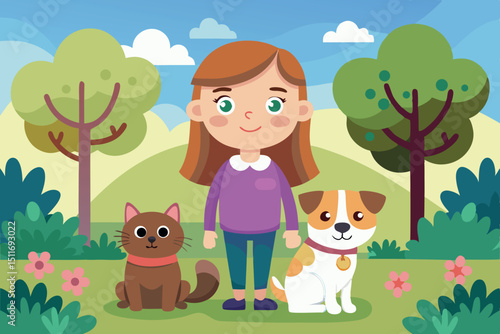 Girl stands proudly with her pets in a colorful outdoor park surrounded by green trees and flowers