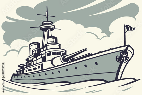 Historic battleship sailing through stormy seas with a bold silhouette and detailed structure