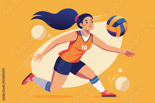 Young athlete in orange jersey running to spike volleyball during competitive match in bright gym