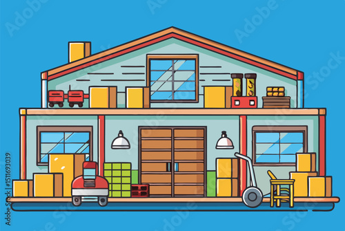 Bright and colorful warehouse illustration showcasing various storage items and equipment on a sunny day
