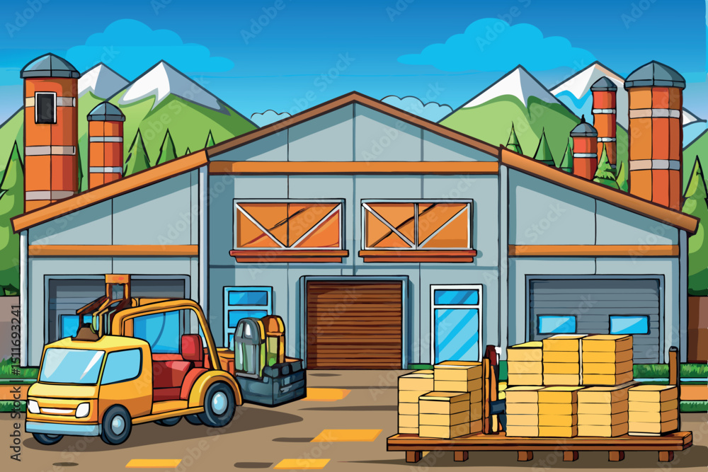 Naklejka premium Industrial warehouse with loading area and mountains in the background during daytime