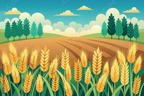 Golden wheat field under a bright blue sky with green trees in the background during a sunny day