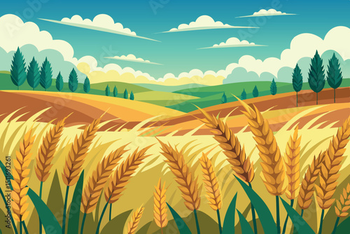 Golden wheat fields bask under a clear sky with rolling hills in the distance during a warm afternoon