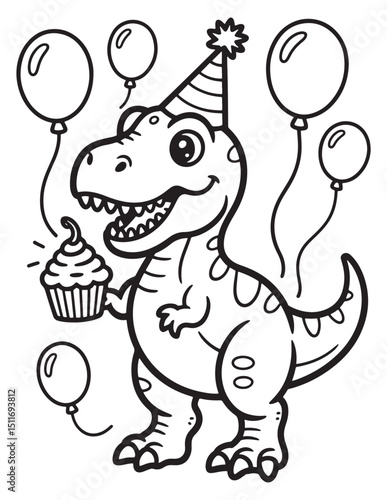 Birthday Dinosaur Wearing Hat with Cupcake and Balloons - Coloring Page