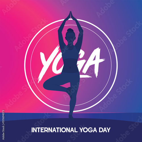 International Yoga Day Poster with Silhouette of Woman in Tree Pose