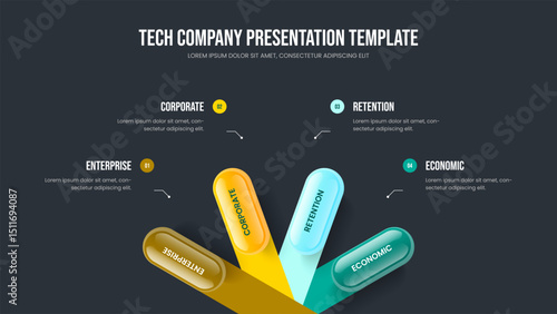 Corporate Profile Presentation Design Vector Illustration. Advertising Innovation Four Element Diagram Slide Template. Enterprise Visualization 4 Step Infographic Frame Layout.