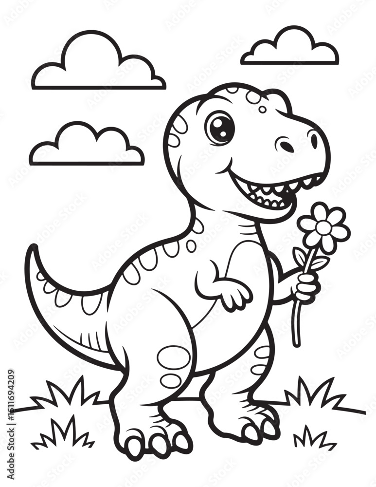 Cute Dinosaur Holding a Flower and Smiling in the Meadow - Dinosaur Coloring page Cute Dinosaur Holding a Flower and Smiling in the Meadow - Dinosaur Coloring page