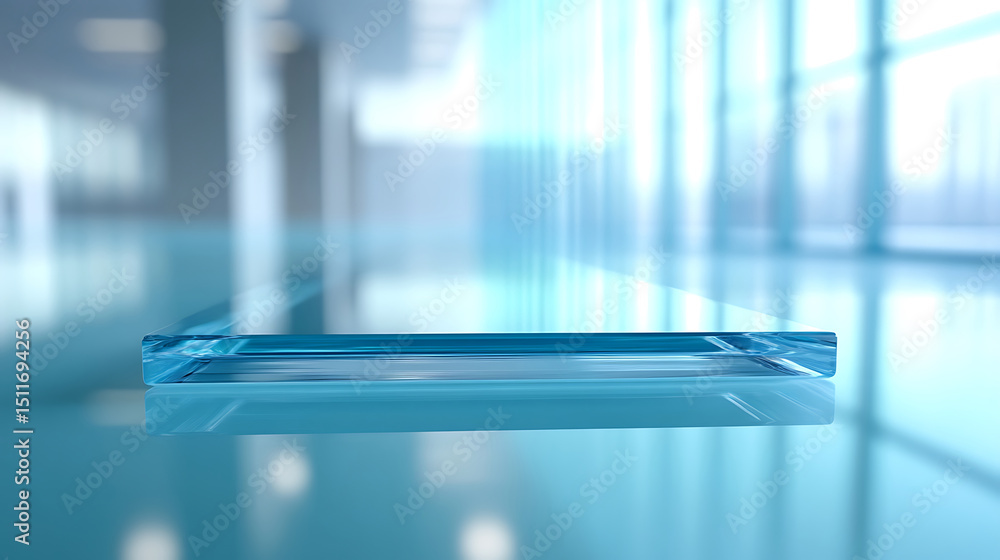 Clear glass shelf with blurred interior background suitable for product display and presentations with light blue hues Clear glass shelf with blurred interior background suitable for product display and presentations with light blue hues