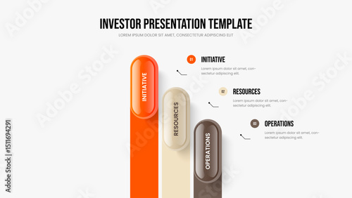 Product Report Slideshow Layout Vector Illustration. Investor Performance Three Element Diagram Presentation Template. Digital Overview 3 Step Infographic Frame Design.