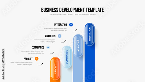 Business Review 4 Step Infographic Frame Design. Market Visualization Four Element Diagram Slideshow Template. Corporate Overview Presentation Layout Vector Illustration.