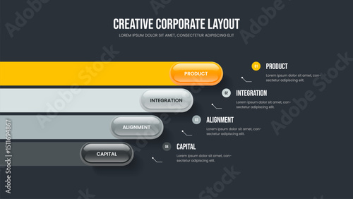 Product Profile 4 Option Diagram Slide Template. Investor Development Four Element Infographic Presentation Design. Business Analysis Frame Layout Vector Illustration.