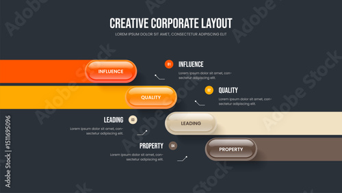 Project Solution Four Element Diagram Presentation Design. Modern Performance Slide Template Vector Illustration. Business Briefing 4 Option Infographic Frame Layout.