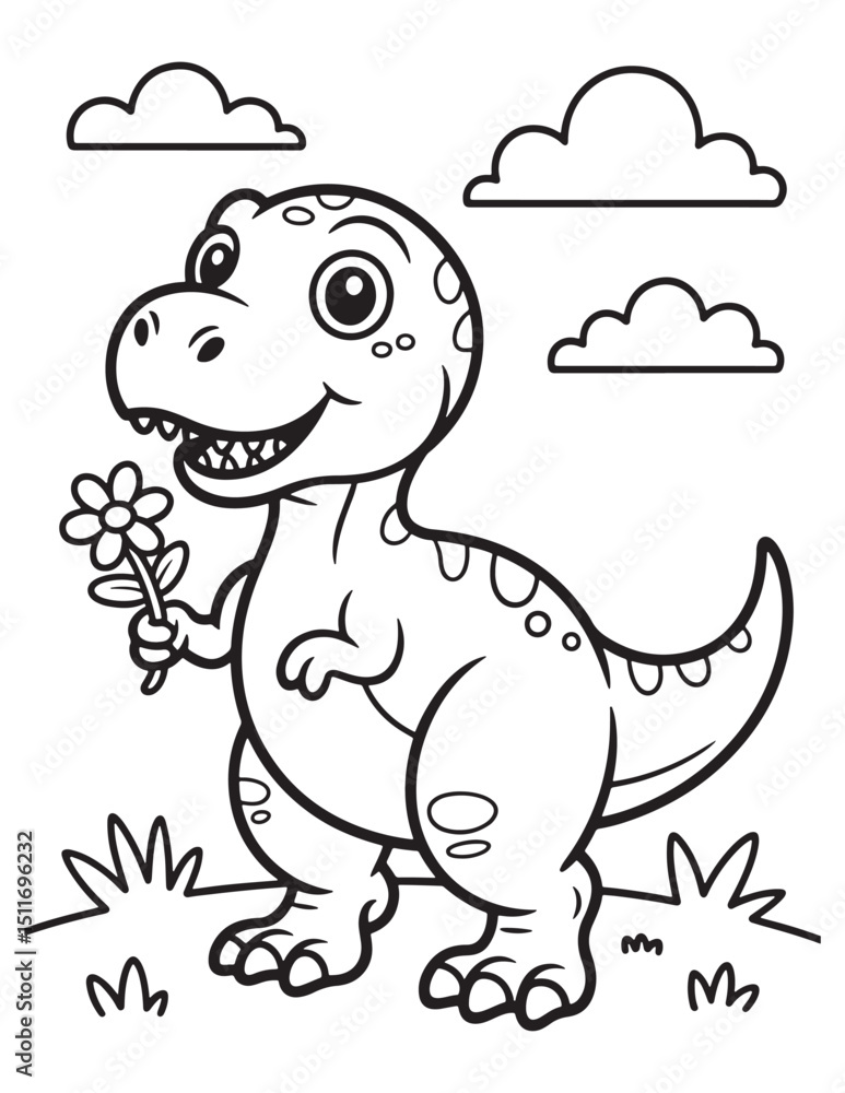 Cute Dinosaur Holding a Flower and Smiling in the Meadow - Dinosaur Coloring page Cute Dinosaur Holding a Flower and Smiling in the Meadow - Dinosaur Coloring page