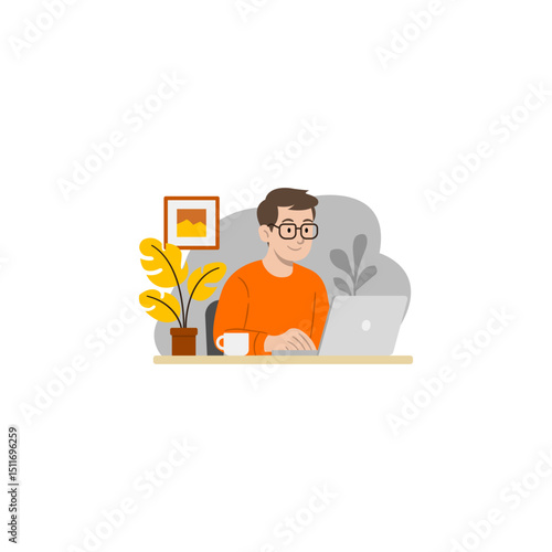 Remote Work Illustration – Young Man Working from Home at Laptop in Flat Style
