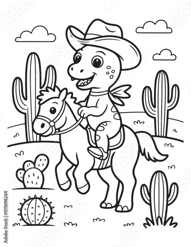 Cowboy Dinosaur Riding a Horse in the Desert - Coloring Page