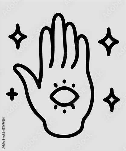 Palmistry Hand with Eye and Stars in Black Outline Style