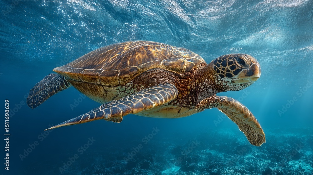 Fototapeta premium Endangered Hawaiian Green Sea Turtle gliding through ocean waters, a serene glimpse of marine conservation in action