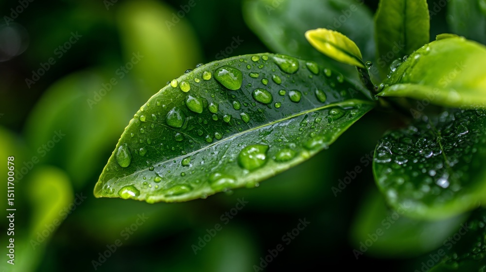 Fototapeta premium Fresh green leaf with glistening water droplets, a symbol of nature's delicate beauty
